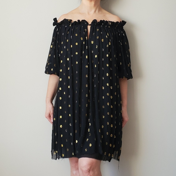 Isabel Marant Dresses & Skirts - Isabel Marant Off Shoulder Black And Gold Polka Dot Dress
